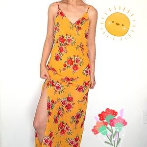 Rose Floral Slit V Neck Waist Cincher Summer Dress